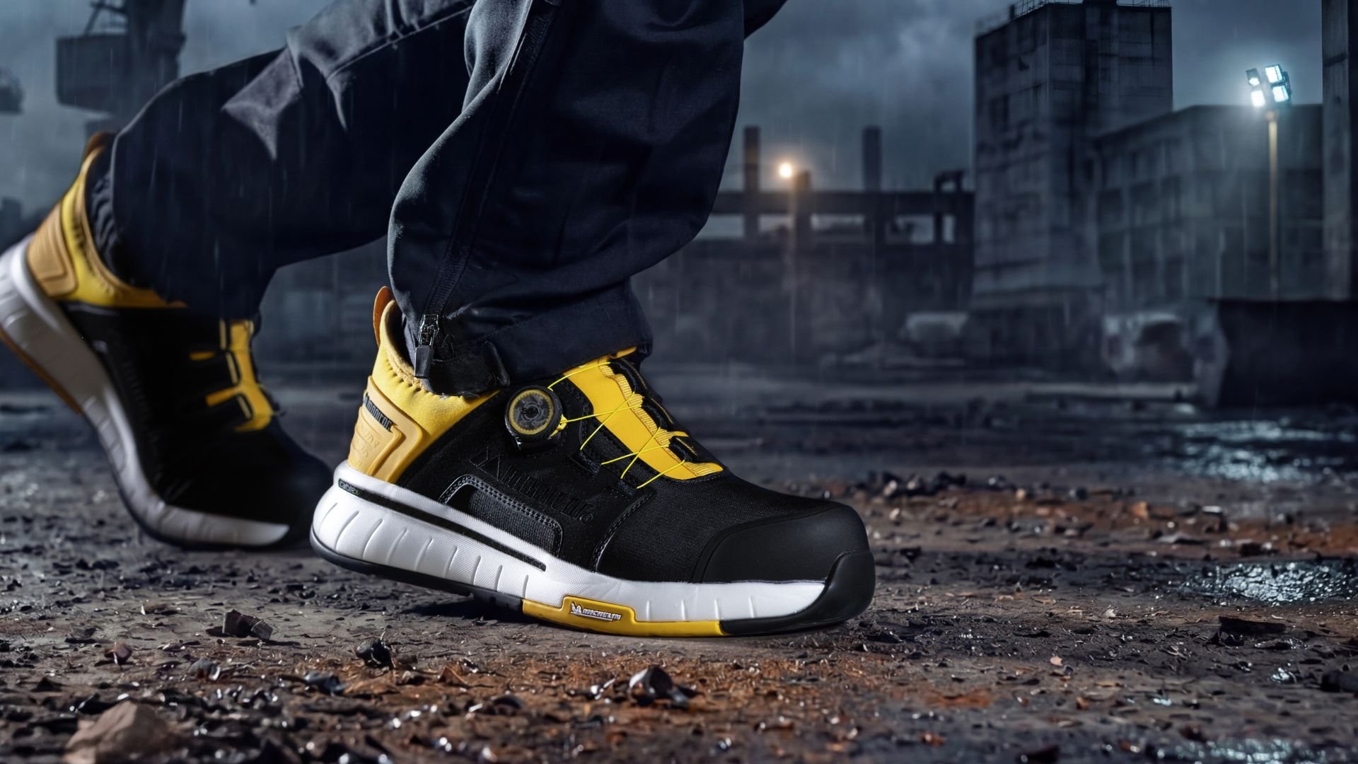 Yellow, black and white safety shoes with boa laces set in an industrial setting.