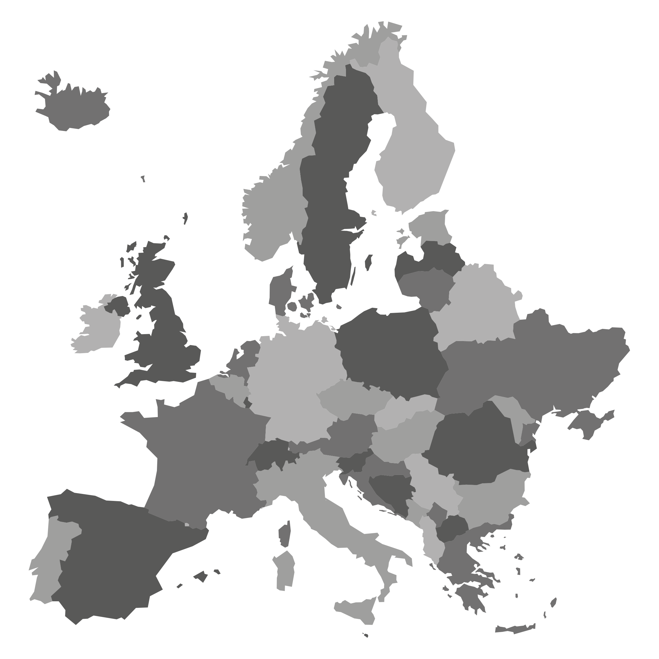 Karta över Europa i gråskala, används med kontaktinformation.